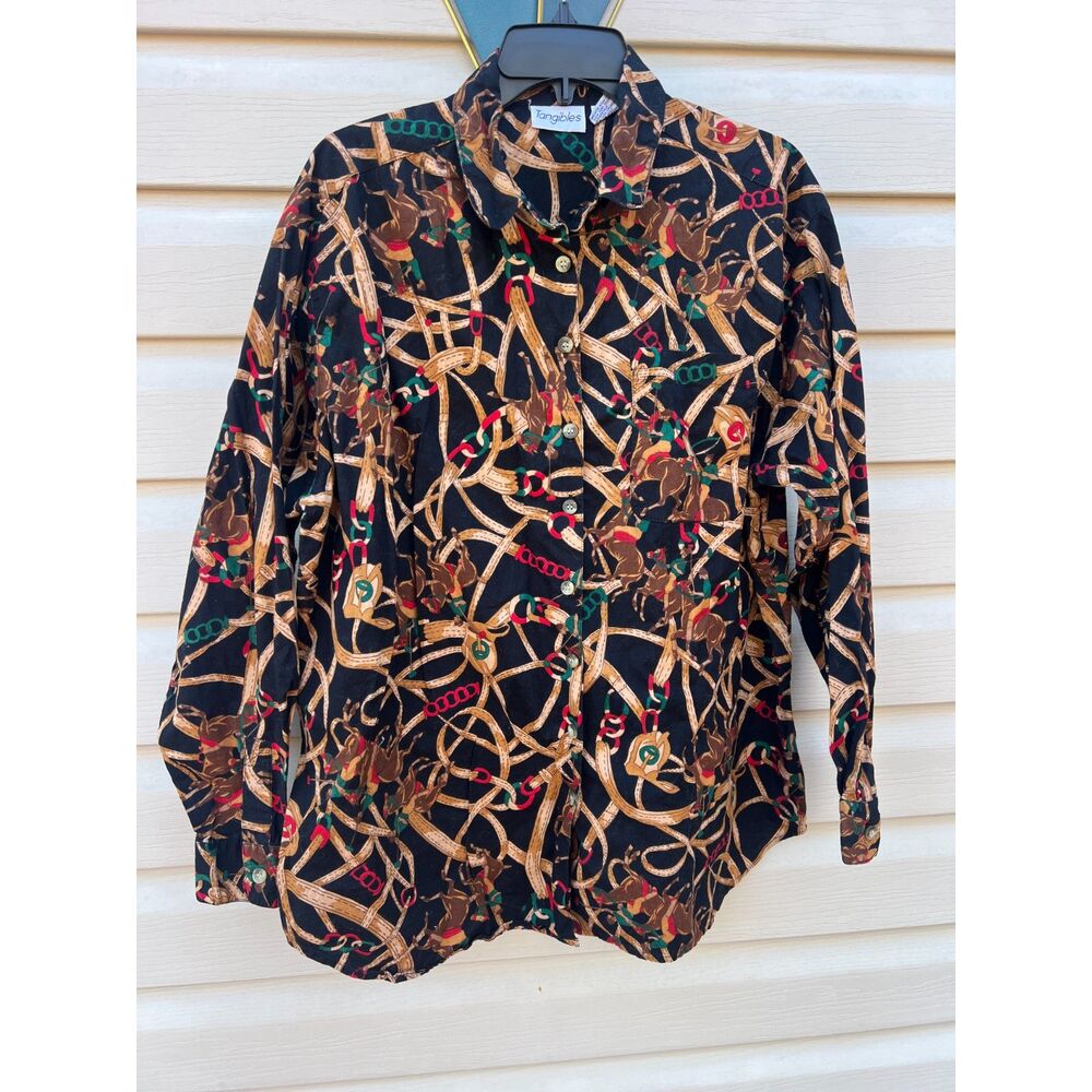Vintage Tangibles Womens XL Black Equestrian Polo Horse Print Button Down Shirt
